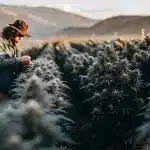 cultivateur inspectant un champ de cannabis en extérieur au coucher du soleil