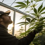 Cultivateur inspectant des plants de cannabis en serre sous lumière naturelle