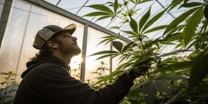 Cultivateur inspectant des plants de cannabis en serre sous lumière naturelle