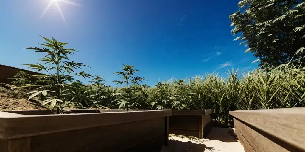 Culture de cannabis en exterieur dans des bacs en bois sous ciel bleu.