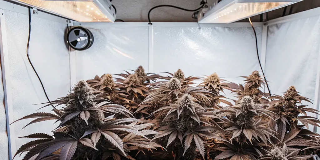 Plantes de cannabis aux feuilles violettes sous lampes LED en culture indoor.