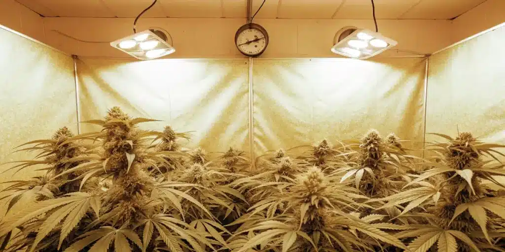Culture de cannabis en interieur sous lampes HPS en phase de floraison.