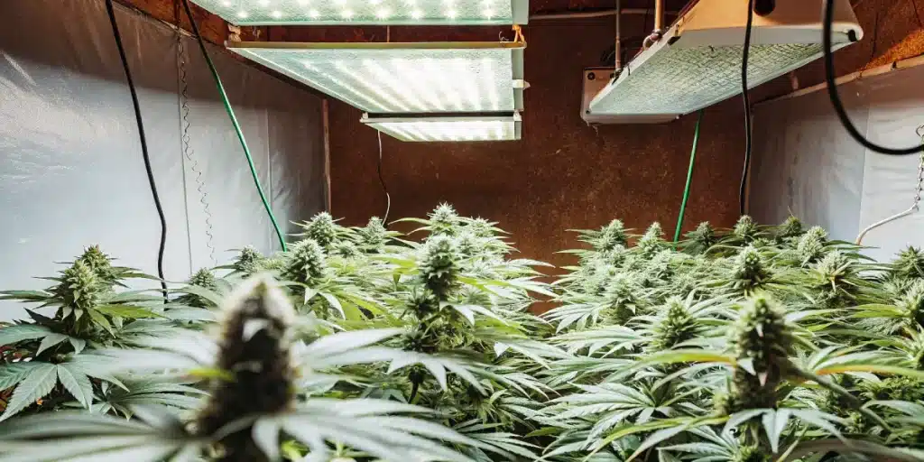 Culture de cannabis en interieur sous panneaux LED avec canopee dense.