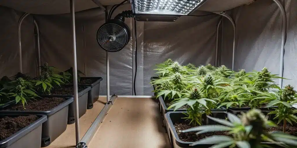 Culture de cannabis en interieur sous lampe LED avec systeme de ventilation.