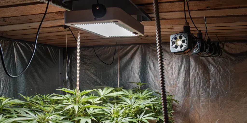 Installation de culture de cannabis en interieur avec panneau LED et extracteur.