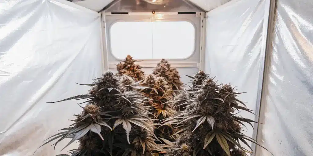Plantes de cannabis matures en tunnel indoor avant recolte.
