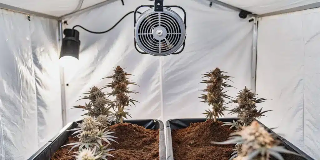 Plantes de cannabis en floraison dans une tente indoor avec ventilateur suspendu.