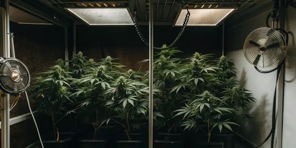 Salle de culture cannabis indoor avec ventilateurs et panneaux LED.