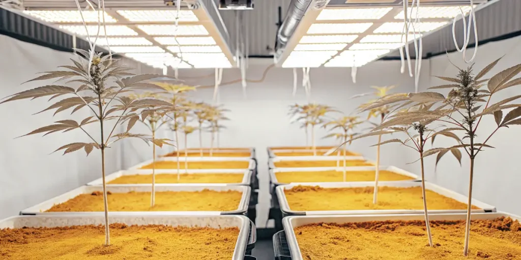 Culture de cannabis en interieur avec bacs de substrat sous panneaux LED.