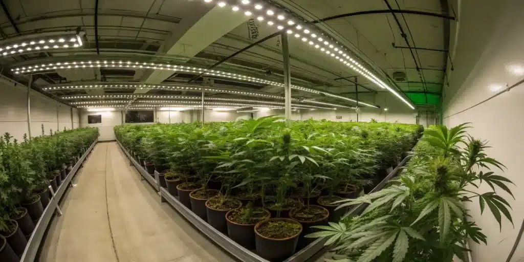 salle de culture de cannabis en intérieur avec éclairage LED