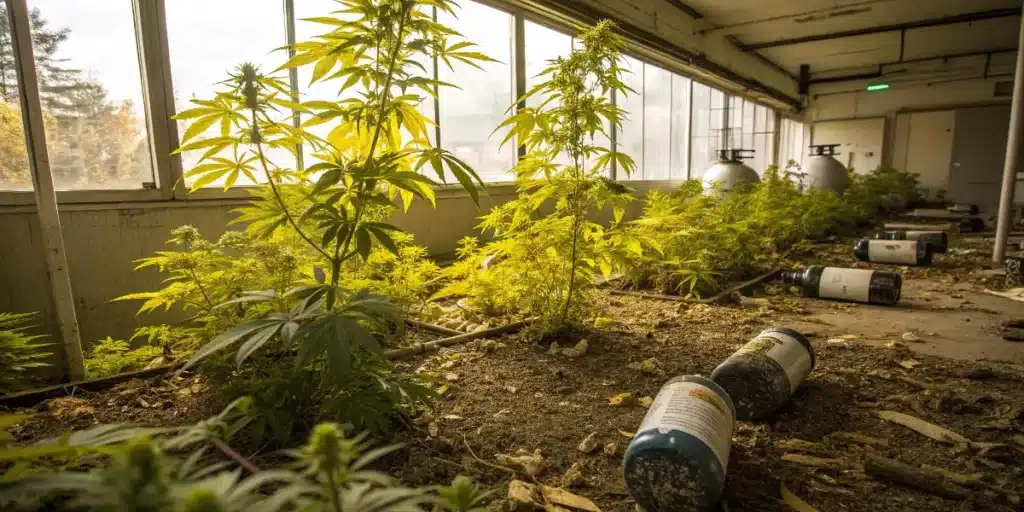 culture de cannabis en intérieur avec grandes plantes sous lumière naturelle