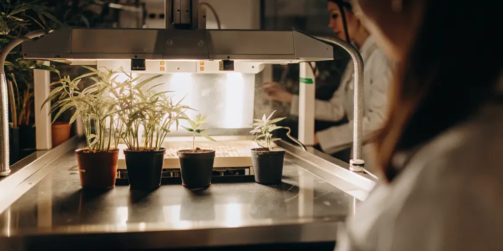 plantes de cannabis sous lampe de croissance en laboratoire