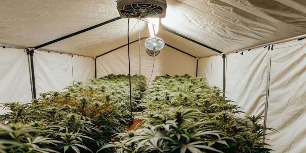 Culture de cannabis sous serre interieure avec systeme de ventilation.