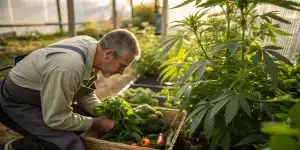 jardinier récoltant du cannabis en serre avec cultures biologiques