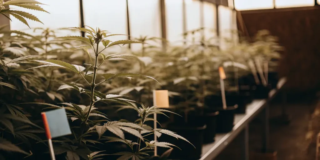 Plants de cannabis en serre avec étiquettes de suivi des nutriments