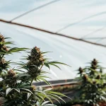 Plantes de cannabis en floraison dans une serre tunnel exterieure.