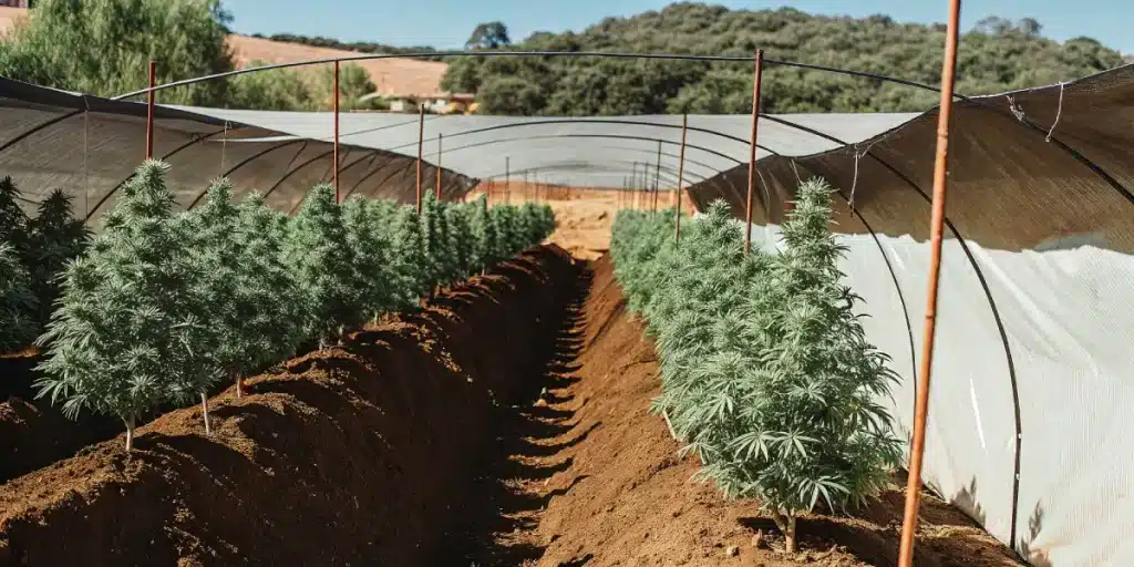 Culture de cannabis en serre tunnel avec rangees bien alignees.