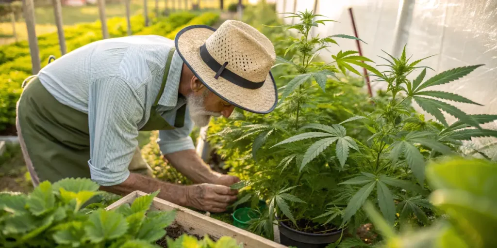 jardinier inspectant des plantes de cannabis en serre