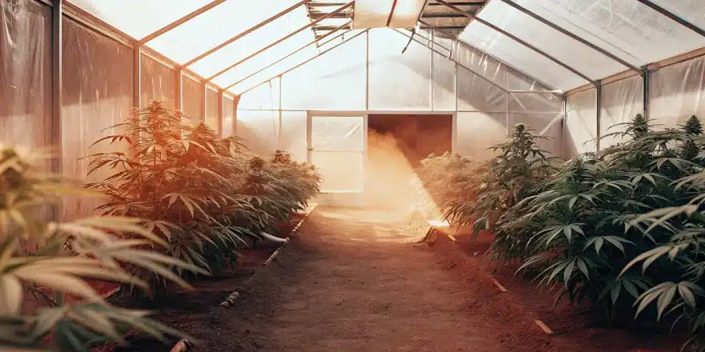 serre de cannabis avec système d’irrigation et contrôle climatique