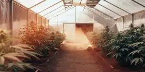 serre de cannabis avec système d’irrigation et contrôle climatique