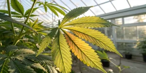 Feuille de cannabis jaunissante indiquant une carence en nutriments en serre