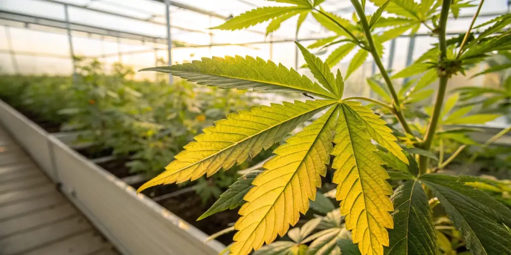 Feuille de cannabis jaunissante montrant des signes de carence en nutriments en serre