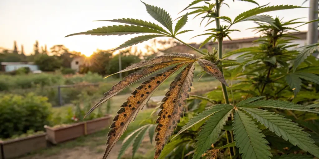 Feuille de cannabis avec taches brunes dues à une maladie ou carence