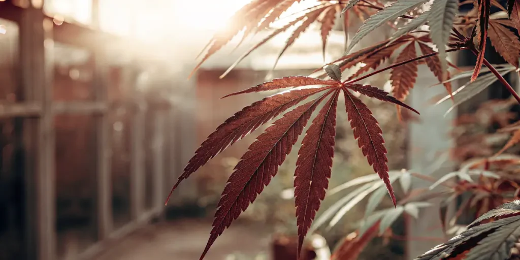 feuille de cannabis rouge sous lumière naturelle