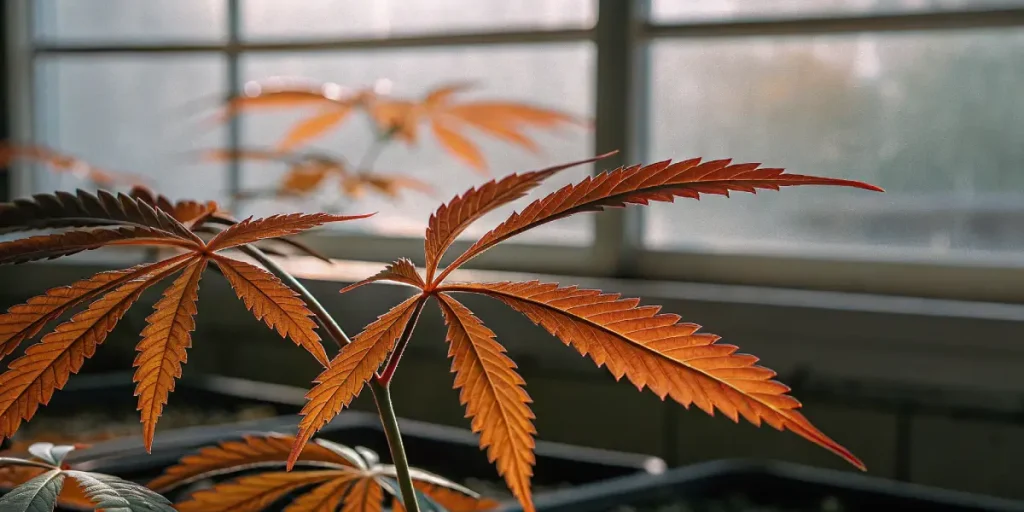 feuilles de cannabis rouges avec signes de stress ou carence