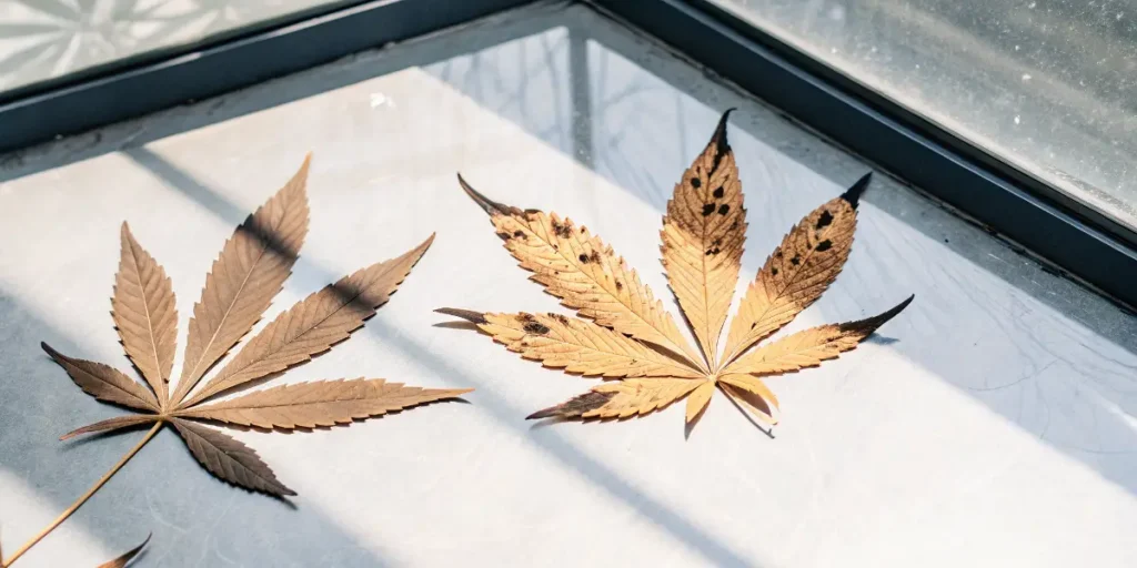 feuilles de cannabis sèches avec marques de détérioration posées près d’une fenêtre