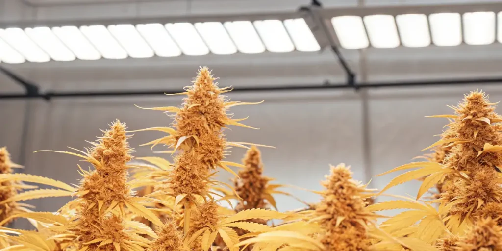têtes de cannabis mûres sous éclairage LED en culture indoor