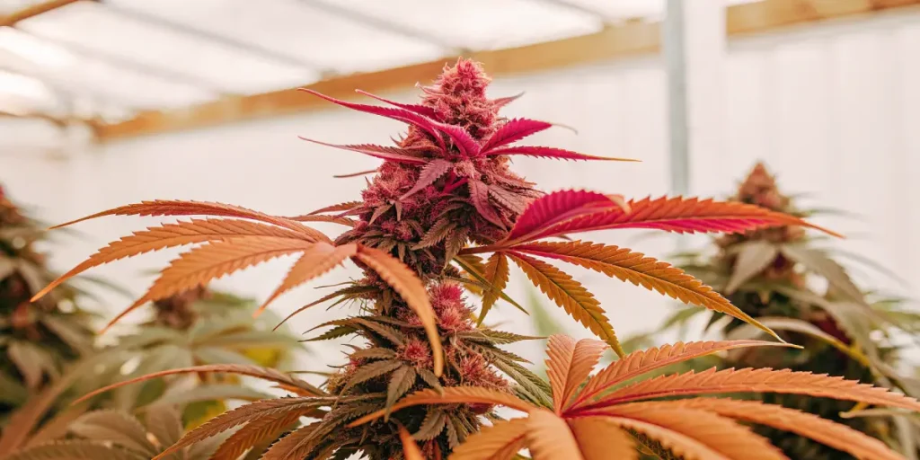 Fleur de cannabis avec feuilles rouges et orange en floraison avancee.