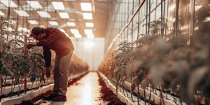 agriculteur inspectant des plantes de cannabis en serre