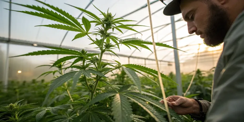 cultivateur inspectant une plante de cannabis en serre