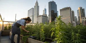 jeune femme cultivant du cannabis dans un jardin urbain sur un toit avec skyline moderne