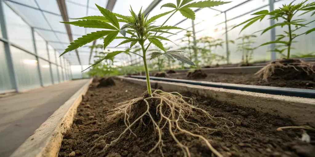 Jeune plante de cannabis avec racines saines exposées en culture sous serre