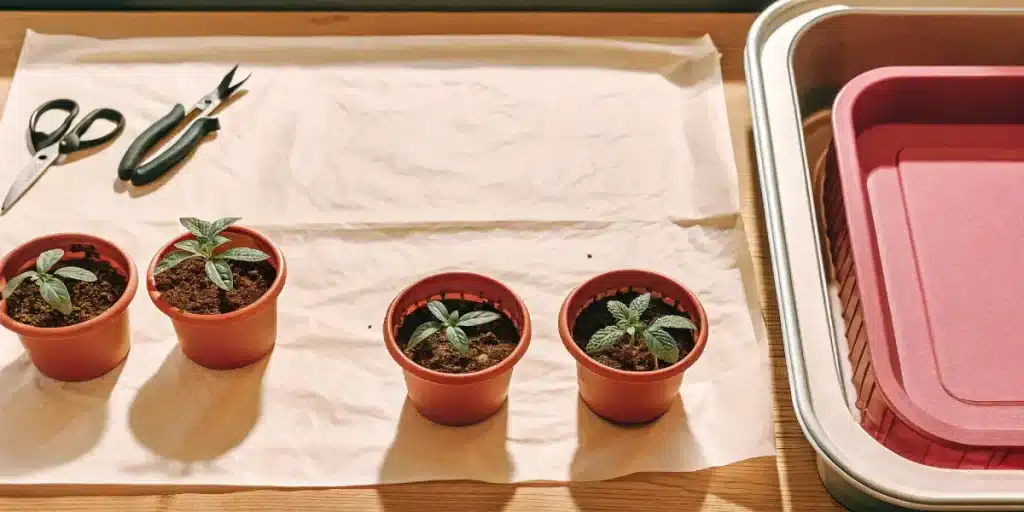 Jeunes plants de cannabis en pots avant rempotage.