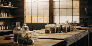 bocaux de cannabis et herbes dans un laboratoire artisanal