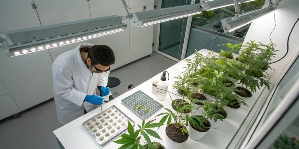 scientifique travaillant sur des plantes de cannabis en laboratoire