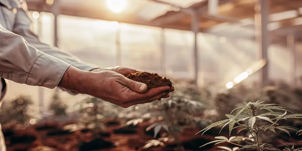 main tenant du terreau dans une serre de culture de cannabis