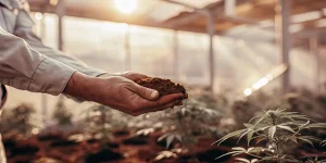 main tenant du terreau dans une serre de culture de cannabis