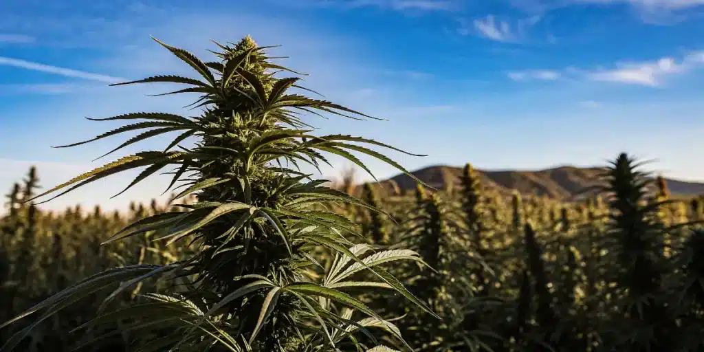 grande plante de cannabis saine cultivée en extérieur sous un ciel bleu ensoleillé