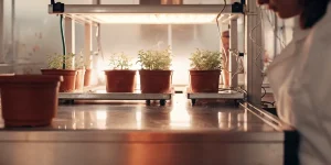 jeunes plantes de cannabis en pots dans un laboratoire