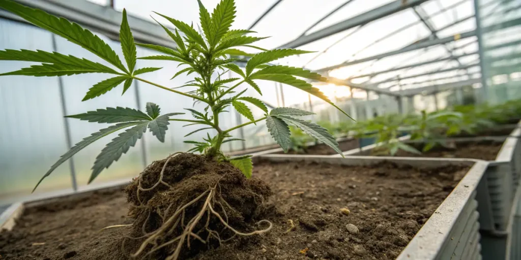 Jeune plant de cannabis avec racines apparentes dans un substrat en serre