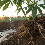 racines de plante de cannabis avec irrigation dans le sol