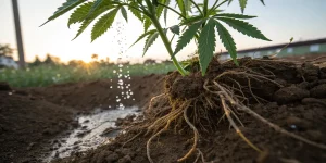 racines de plante de cannabis avec irrigation dans le sol