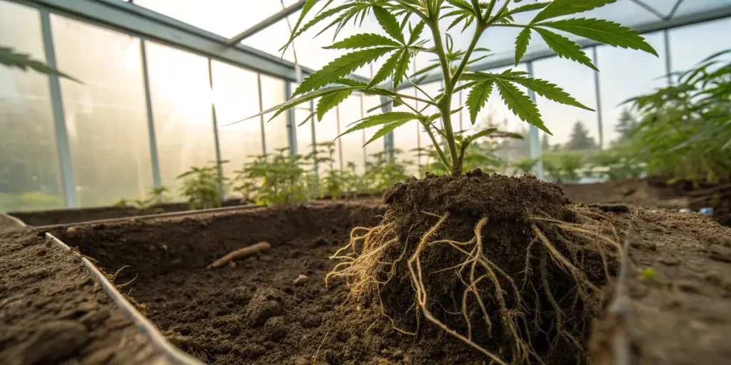 Gros plan sur les racines d’un plant de cannabis sain dans un sol riche en serre