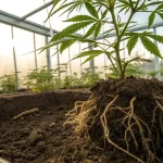 Gros plan sur les racines d’un plant de cannabis sain dans un sol riche en serre