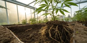 Gros plan sur les racines d’un plant de cannabis sain dans un sol riche en serre