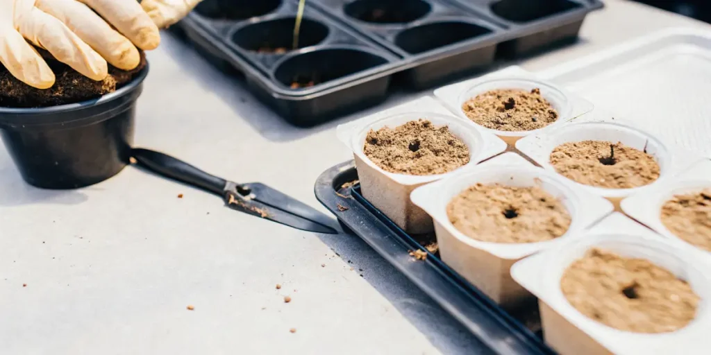 Semis de cannabis en plateaux de germination avec substrat.